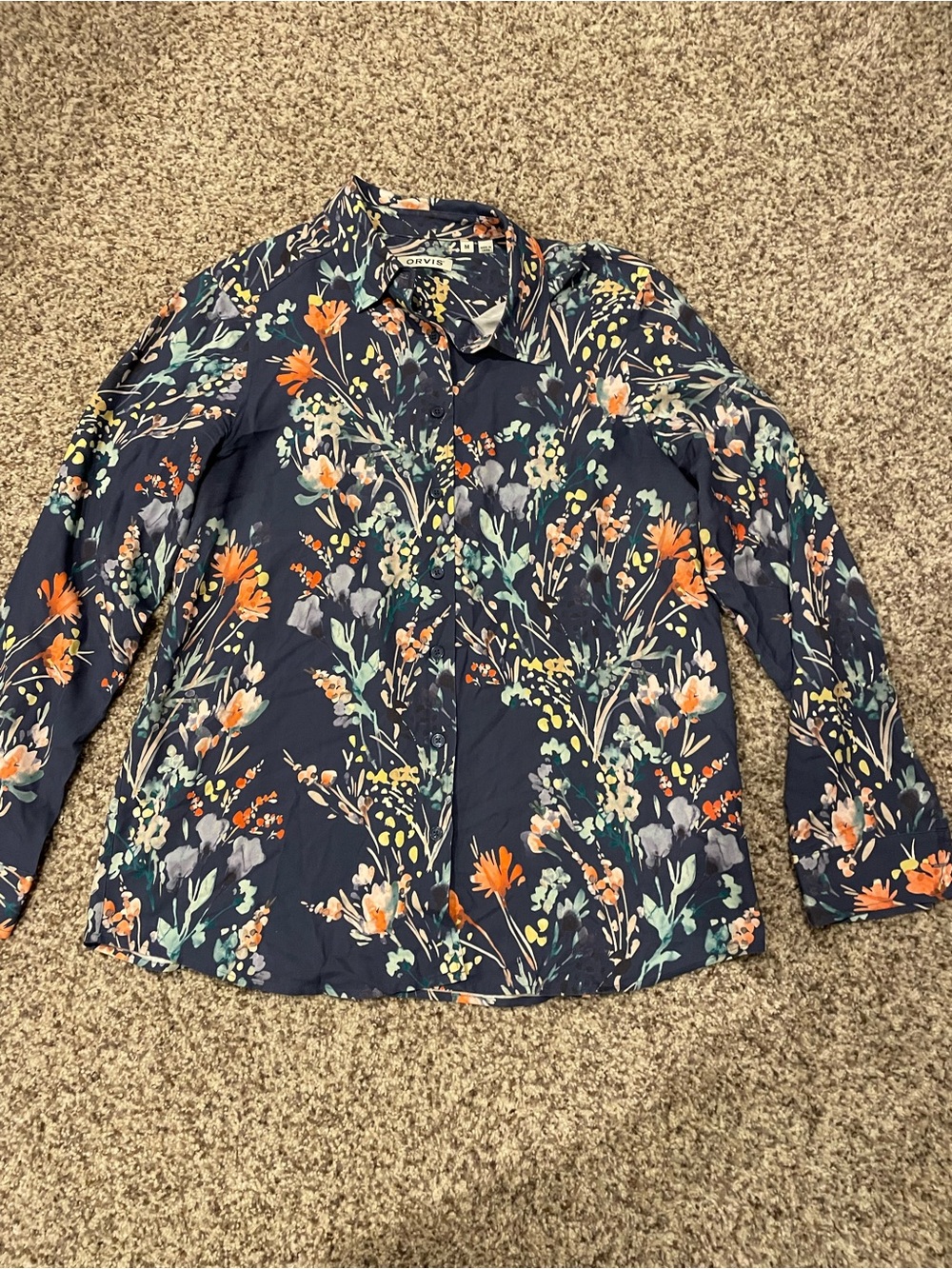Orvis Navy Floral Button-Down Shirt with Orange and Green Accents